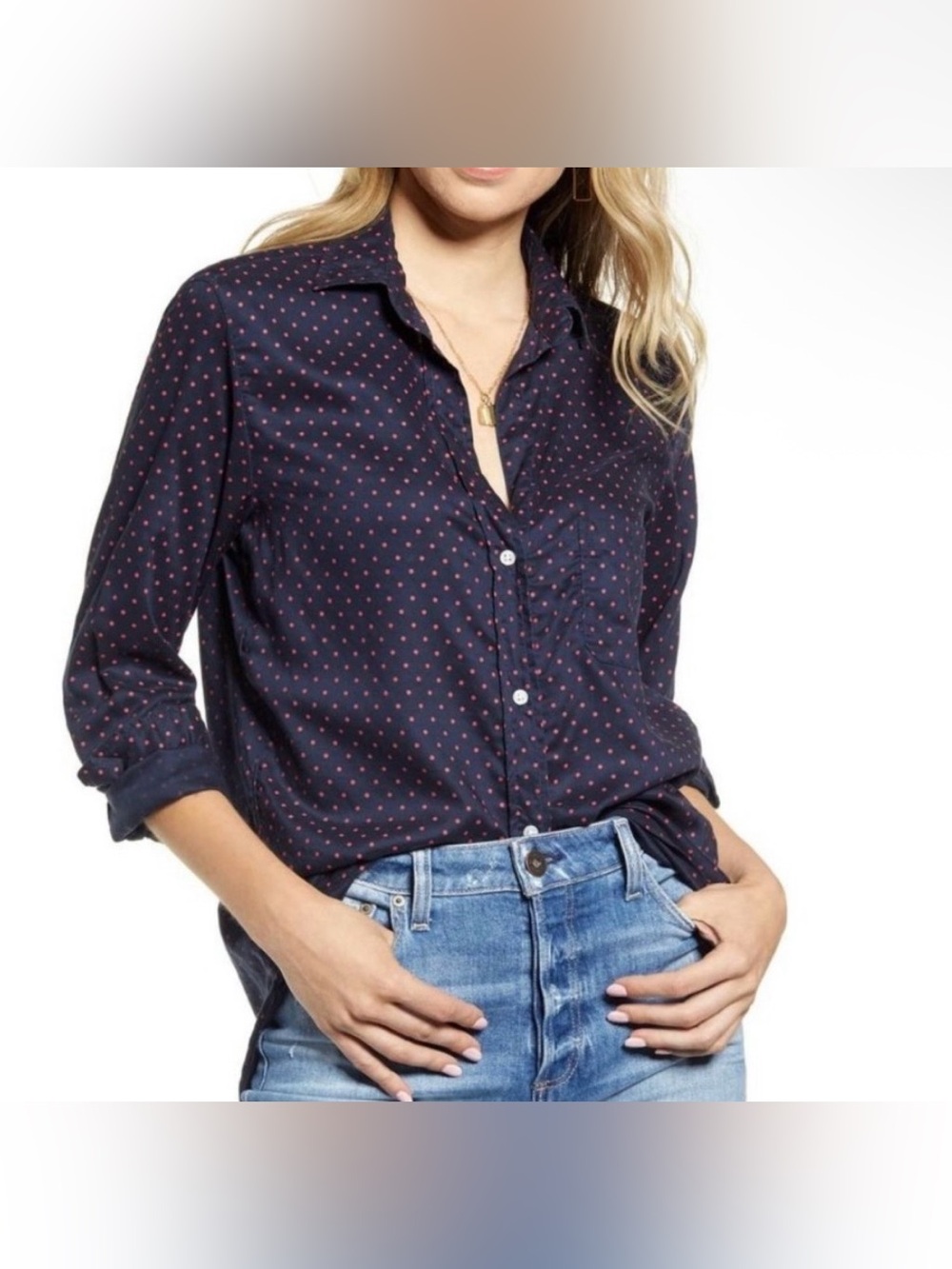 Grayson Navy Pink Polka Dot Lyocell Oversized Button Down Shirt S/M